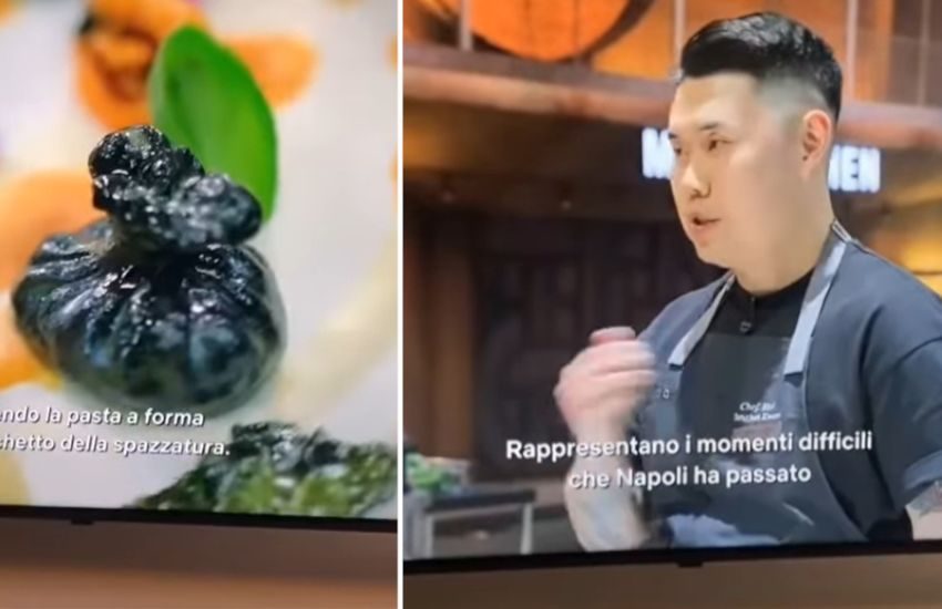 Lo chef coreano porta in tv la pasta dedicata a Napoli: è a forma di sacchi della spazzatura